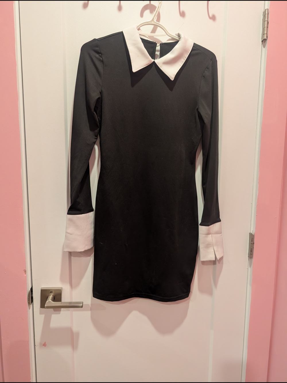 Black Long-Sleeve Dress with White Collar and Cuffs